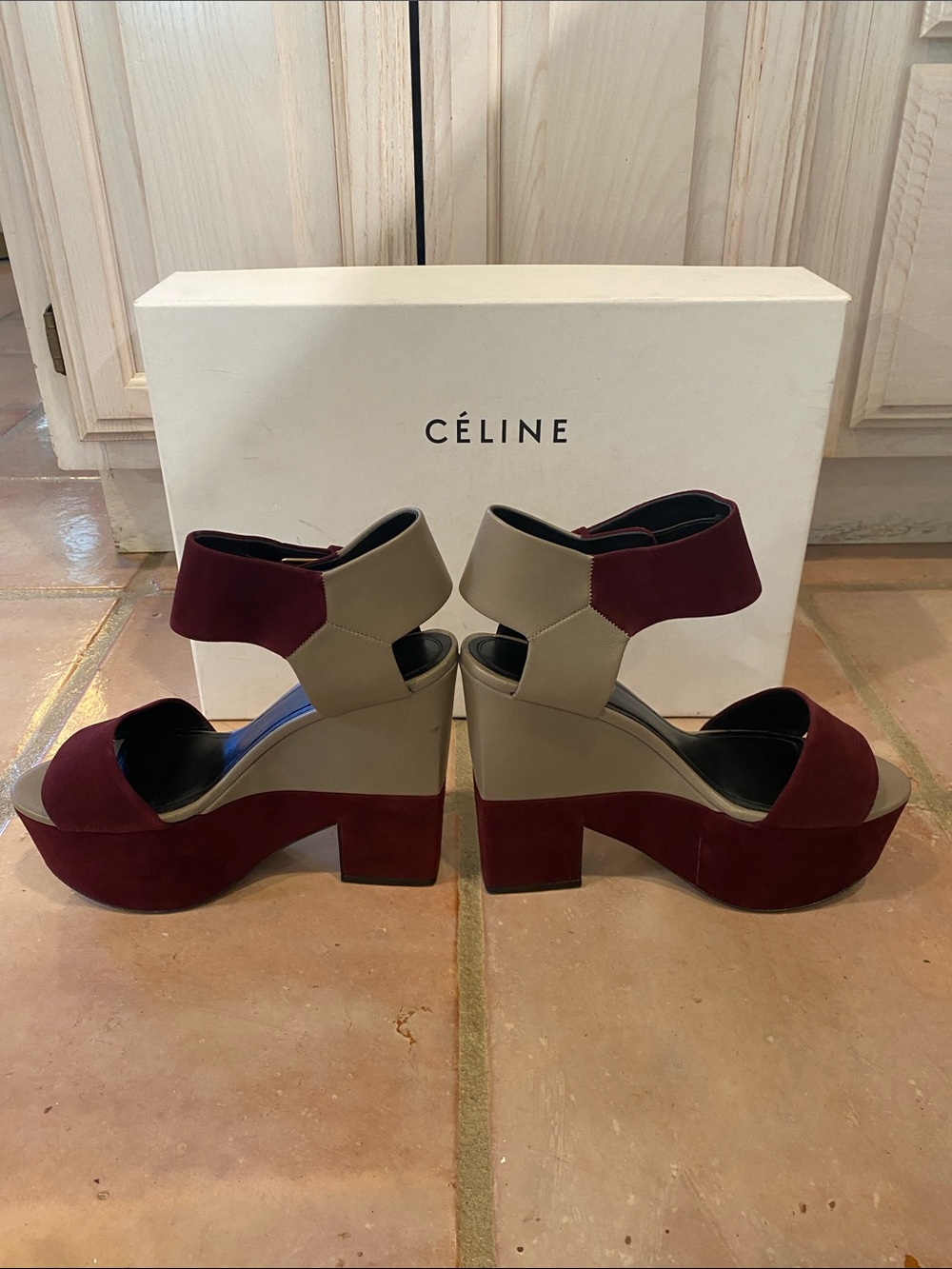 Celine Paris Burgundy Suede Platform Sandals with Taupe Leather Trim